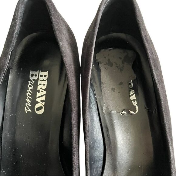 𝅺BROWNS SHOES Suede Slip On Almond Toe Pump Heels Platform Black - Picture 10 of 12